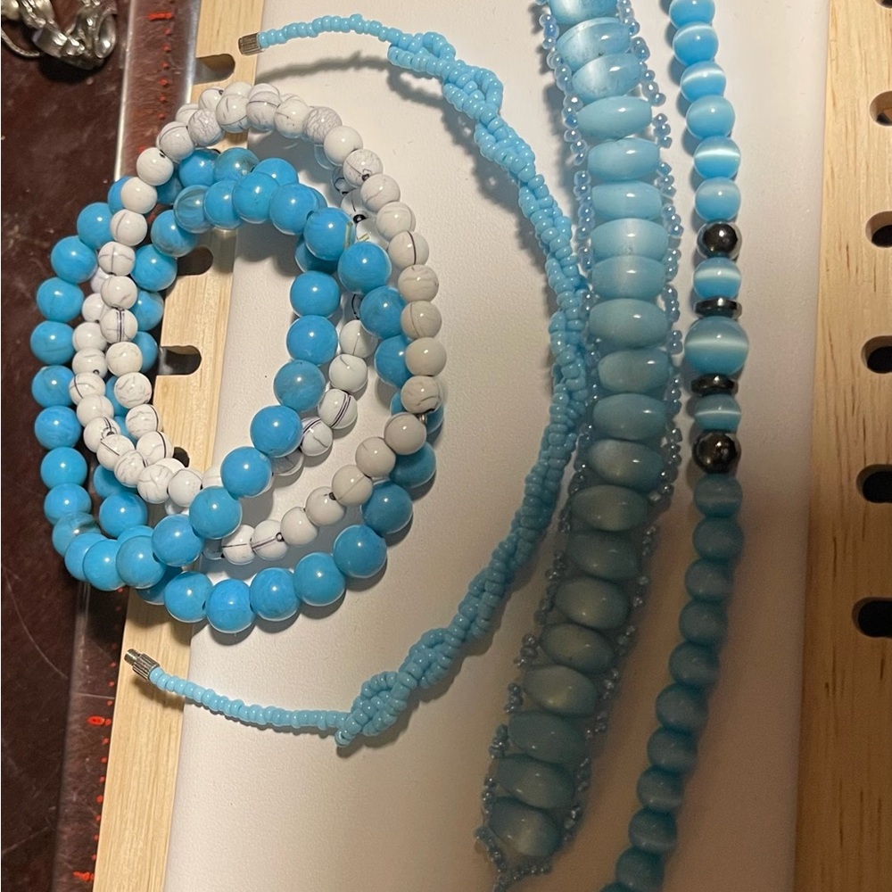 Blue and White Beaded Bracelet Set and anklet